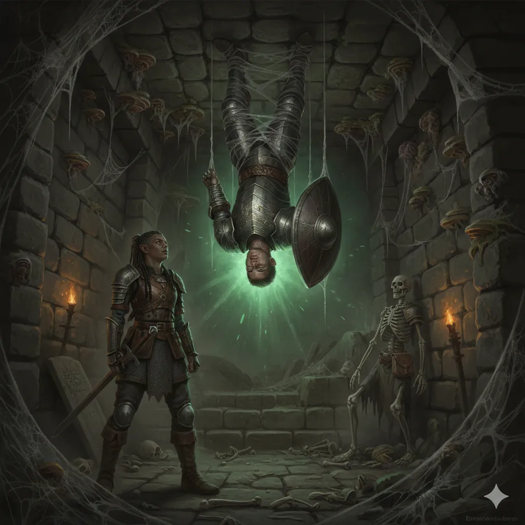 Bancroft suspended upside-down from the ceiling in spider webs, his shield glowing green, Irulan looking up from below