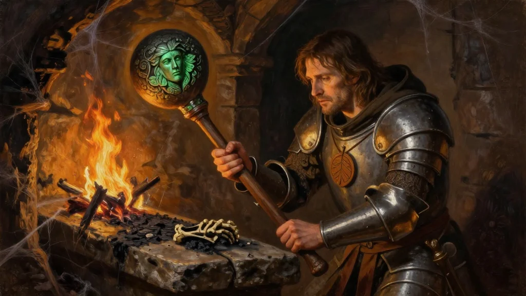 Bancroft kneels in a burnt barrow chamber, lifting a Green Man mace from a dead priest's hands.